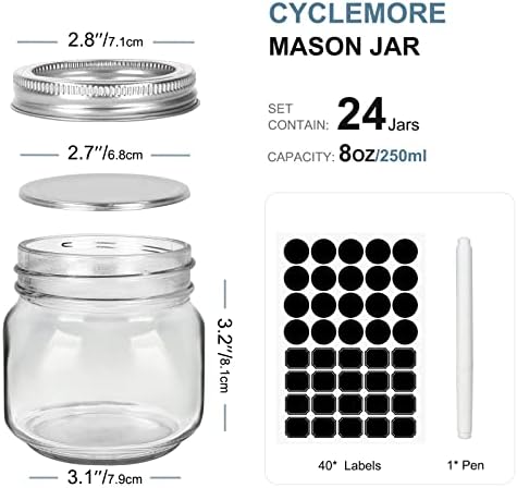 CycleMore 24 Pcs 8oz Clear Glass Mason Jars with Silver Lids