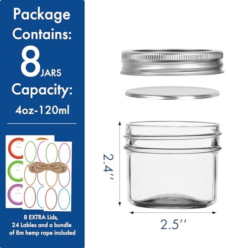 Haneye Small Mason Jars 8 Pack 4oz with Lids