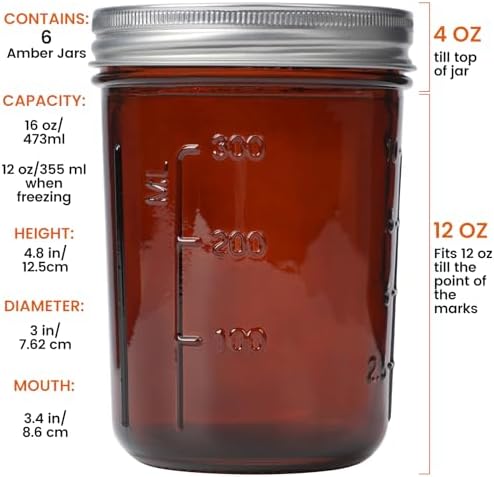 KORCCI Amber Glass Mason Jars 16oz - Set of 6 for Canning Fermenting