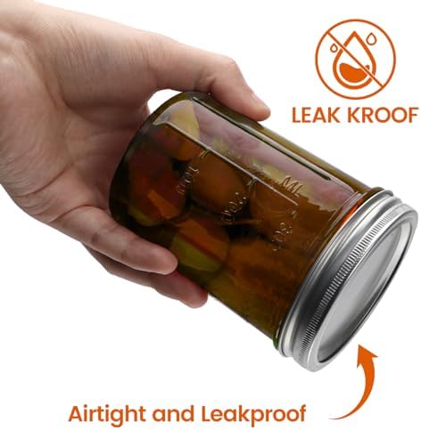 KORCCI Amber Glass Mason Jars 16oz - Set of 6 for Canning Fermenting