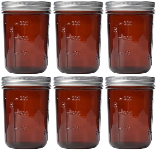 KORCCI Amber Glass Mason Jars 16oz - Set of 6 for Canning Fermenting