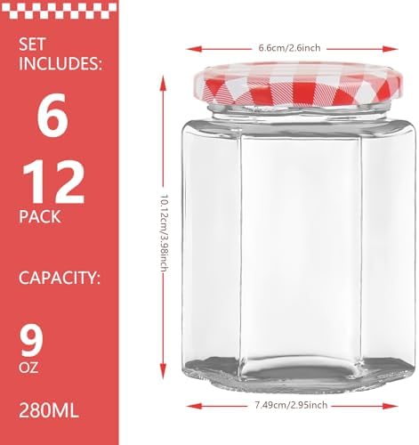 Hovico 280ml Hexagonal Glass Jars with Screw Top Lids 12 Pack