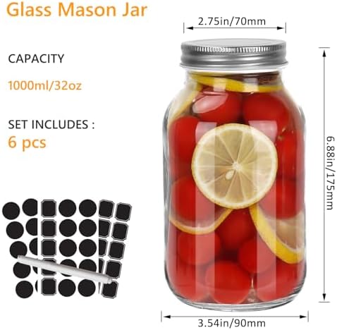 Keketin 32 oz Mason Jars with Airtight Lids 6 Pack