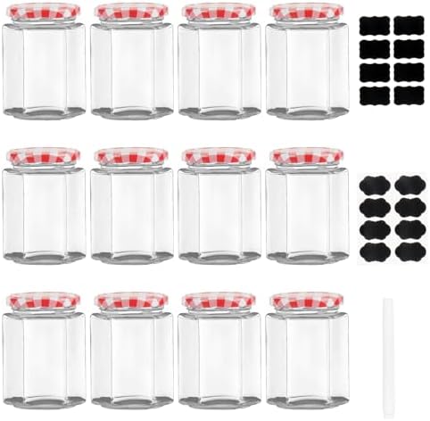 Hovico 280ml Hexagonal Glass Jars with Screw Top Lids 12 Pack