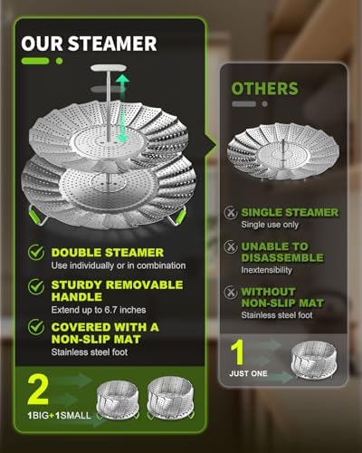 Double Layer Steamer Basket - Large Capacity 2-in-1 Stainless Steel Steamer Insert