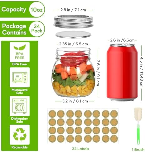 EkkoVla 10 oz Mason Jar with Regular Lid 24 Pack