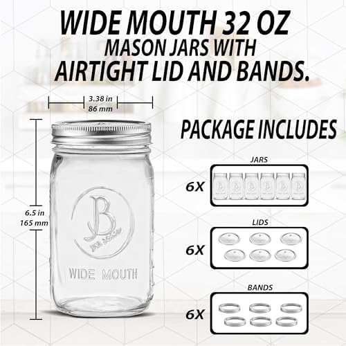 Jarboss wide mouth mason jars 32 oz 6 pack clear glass quart jars