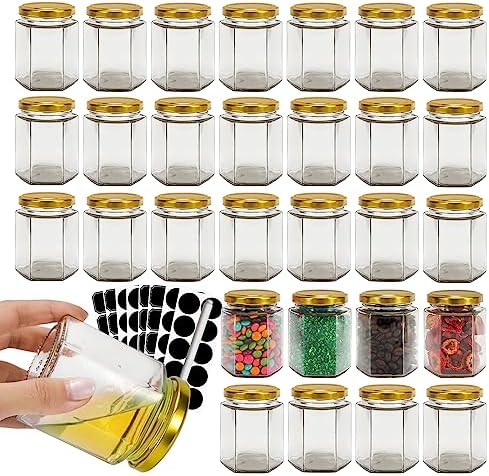 BIGIVACA 30 Pack 6 oz Hexagon Glass Jars with Gold Lids