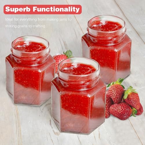 Hovico 280ml Hexagonal Glass Jars with Screw Top Lids 12 Pack