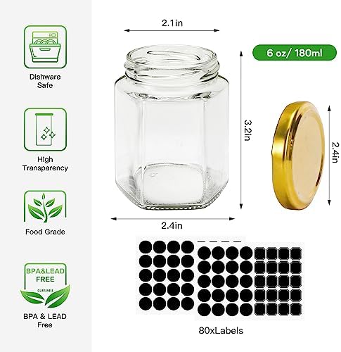BIGIVACA 30 Pack 6 oz Hexagon Glass Jars with Gold Lids