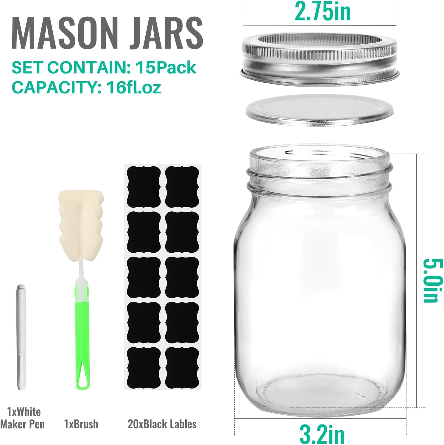 CAKKVDE Mason Jars 16oz