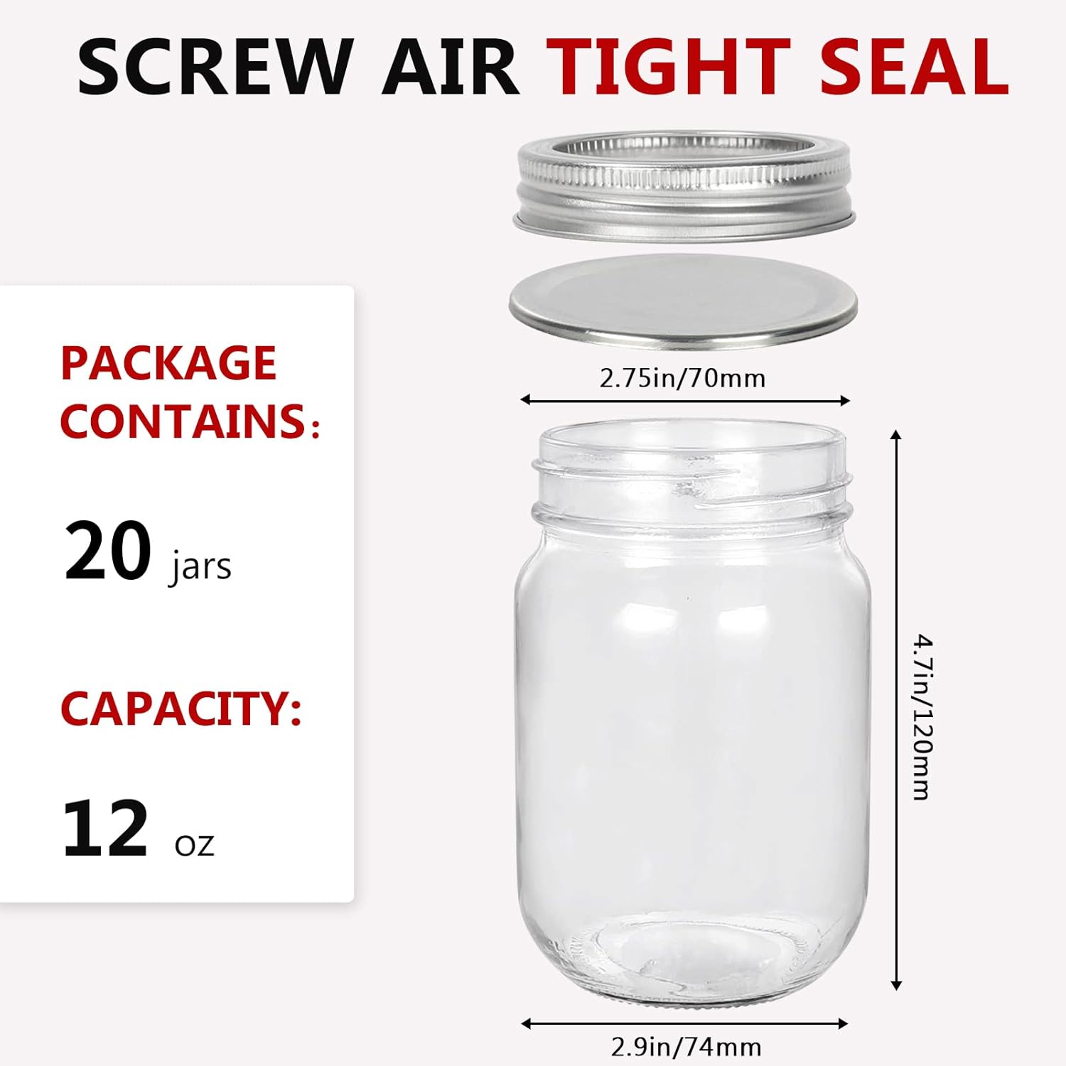 20-Piece 12oz Glass Mason Jars with Silver Lids