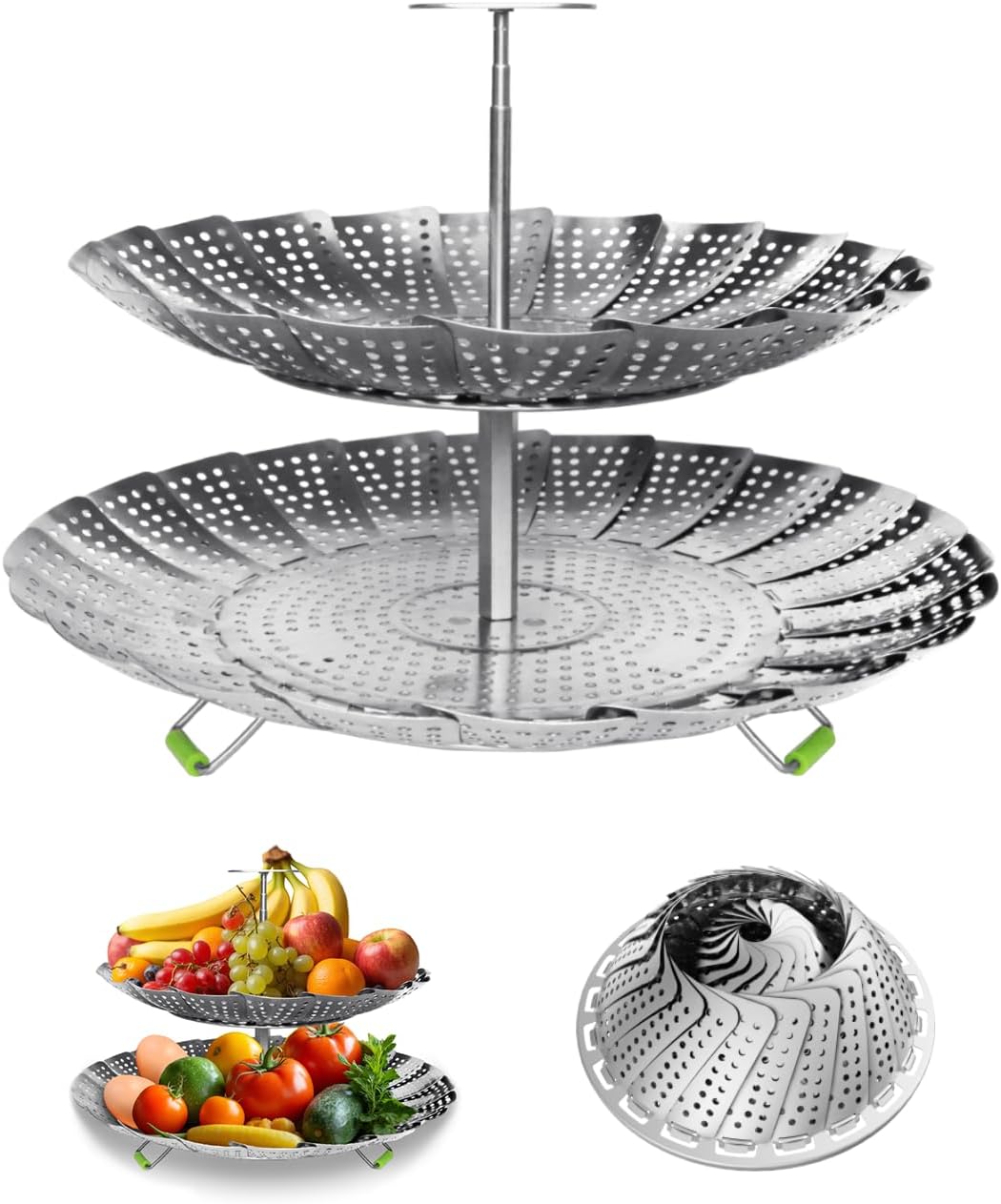 Double Layer Steamer Basket - Large Capacity 2-in-1 Stainless Steel Steamer Insert