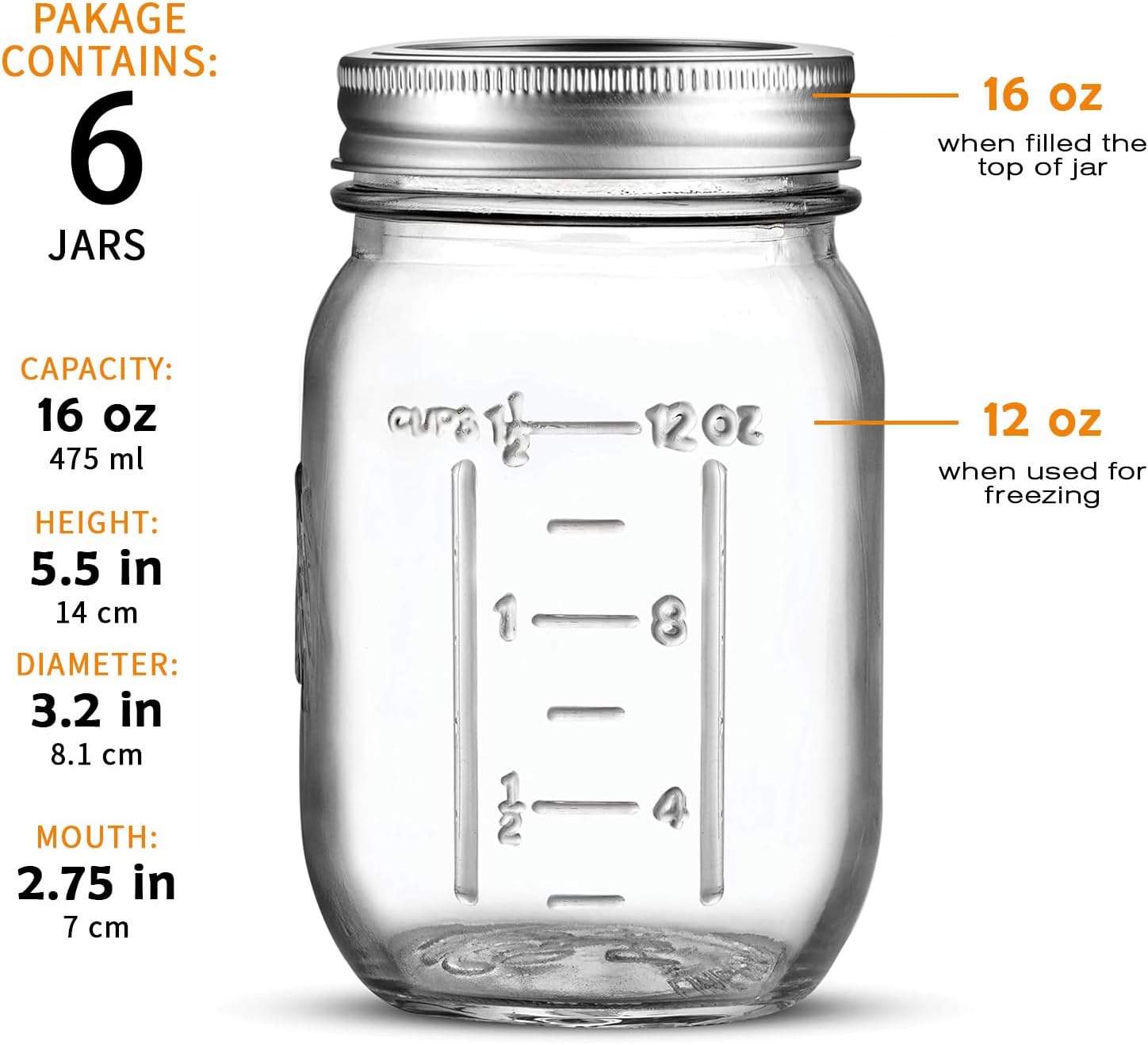 6-Piece 16-Ounce Mason Jars with Lid