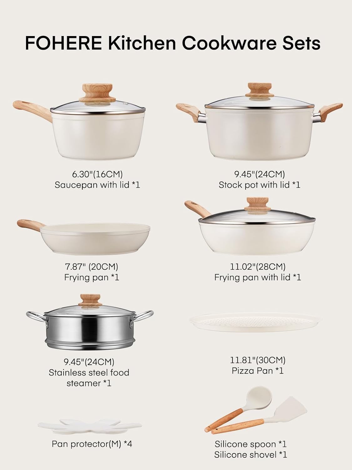 FOHERE 15-Piece Cookware Set Durable Kitchen Cooking Non-Stick Eco-Friendly