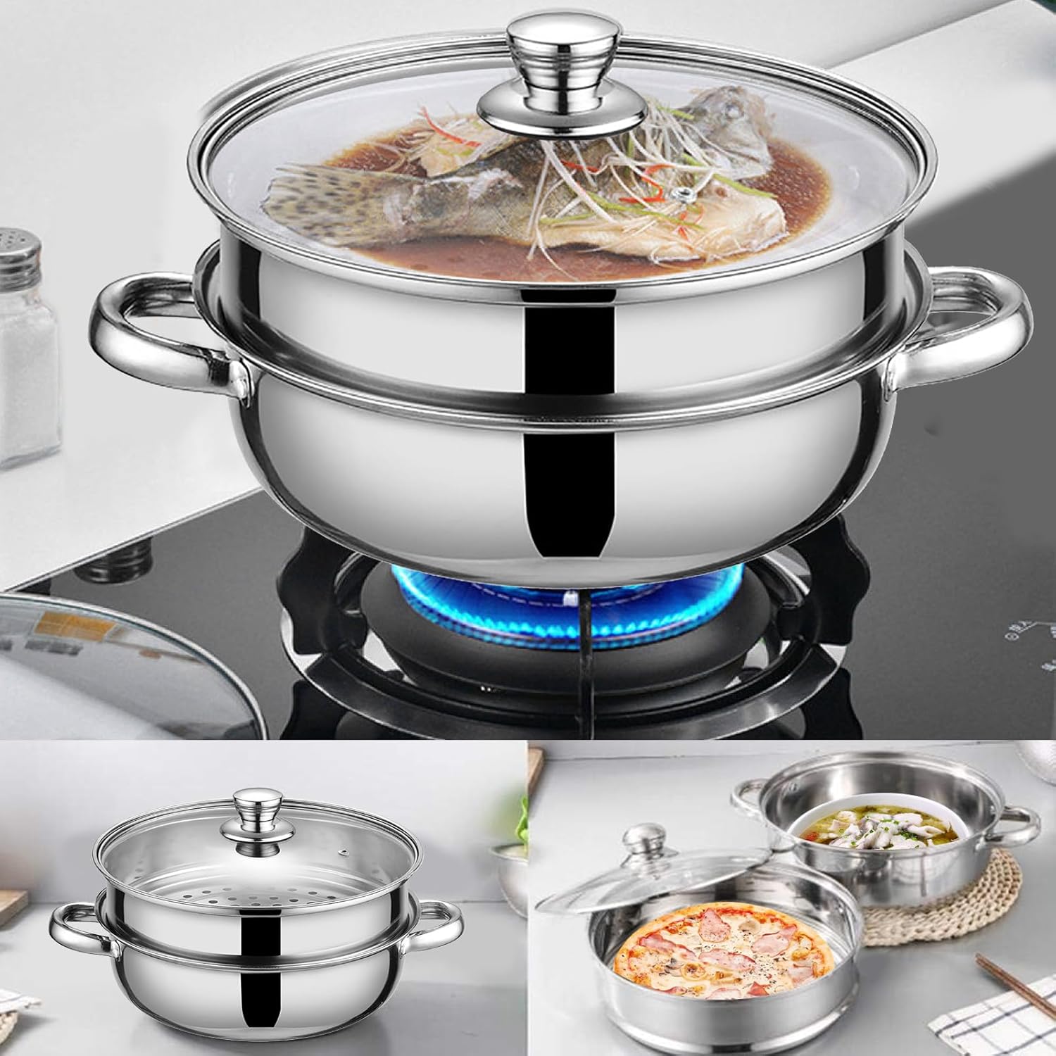Steamer Pot 28cm Dual-Tier with Glass Lid