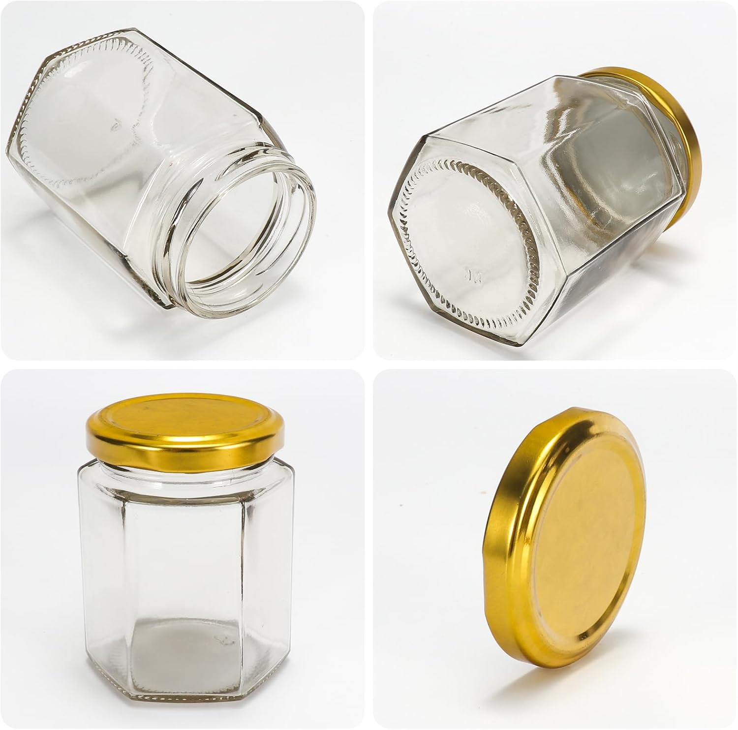 BIGIVACA 30 Pack 6 oz Hexagon Glass Jars with Gold Lids