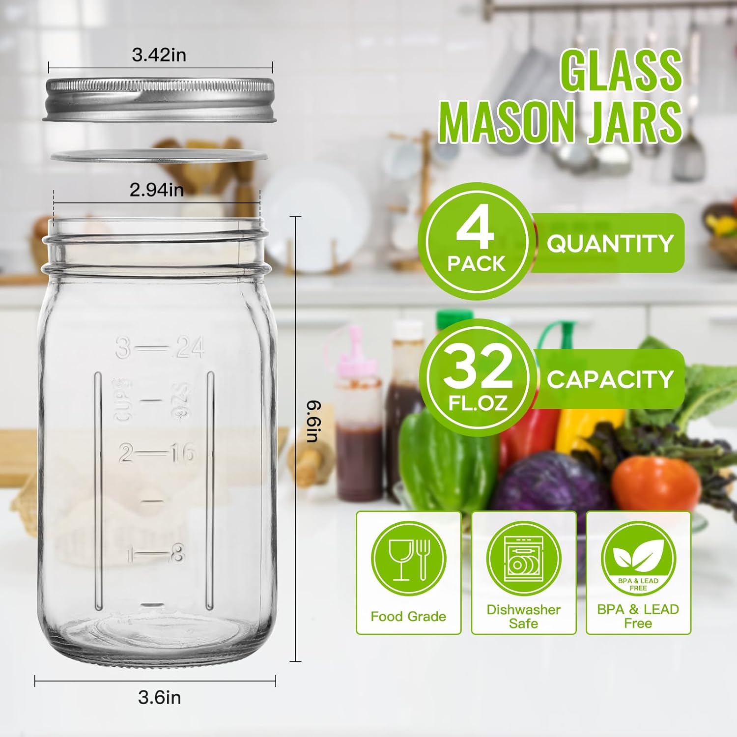 Alotpower4-Pack Wide-Mouth Mason Jars