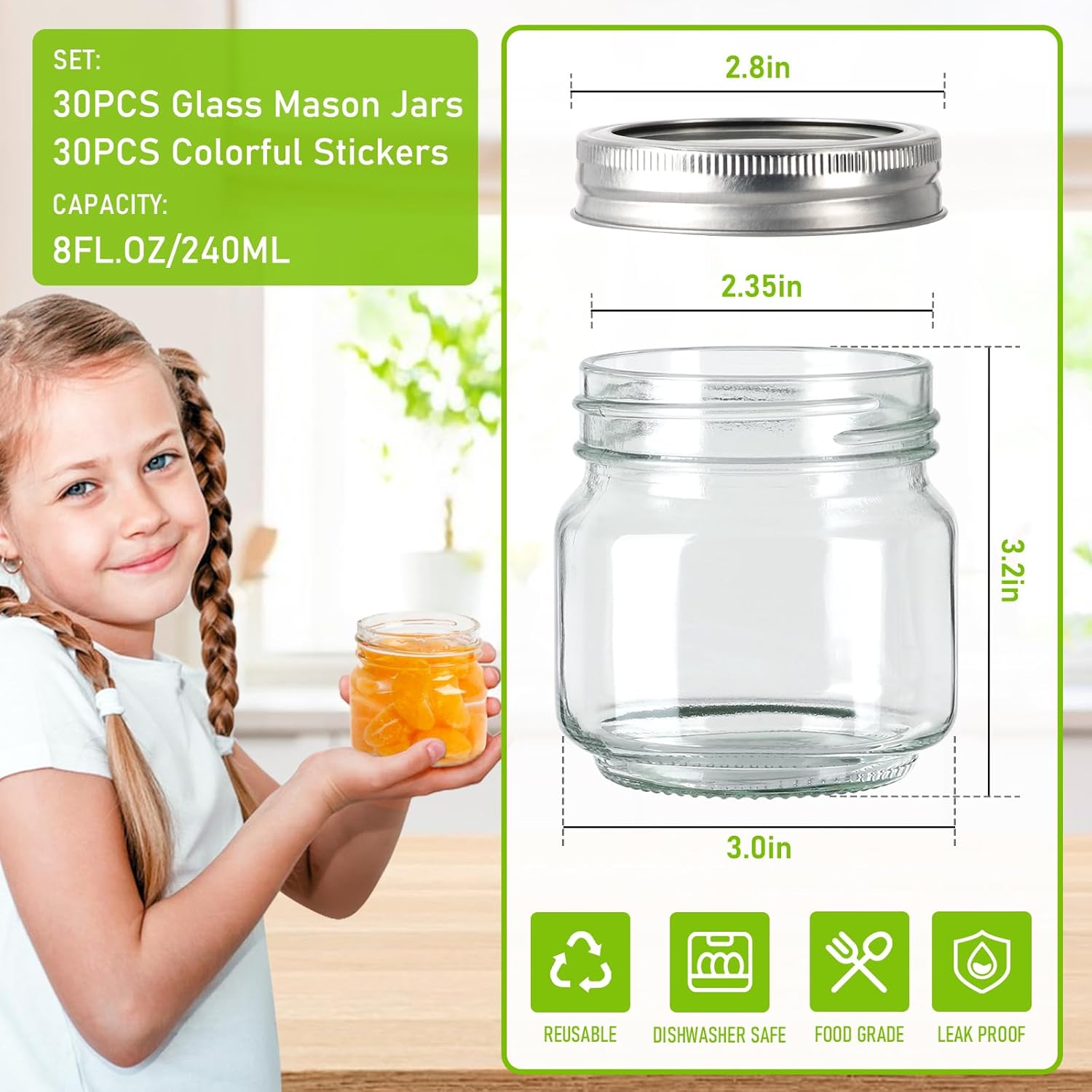 AuroTrends Mason Jars 8oz 30Pcs with Silver Lids