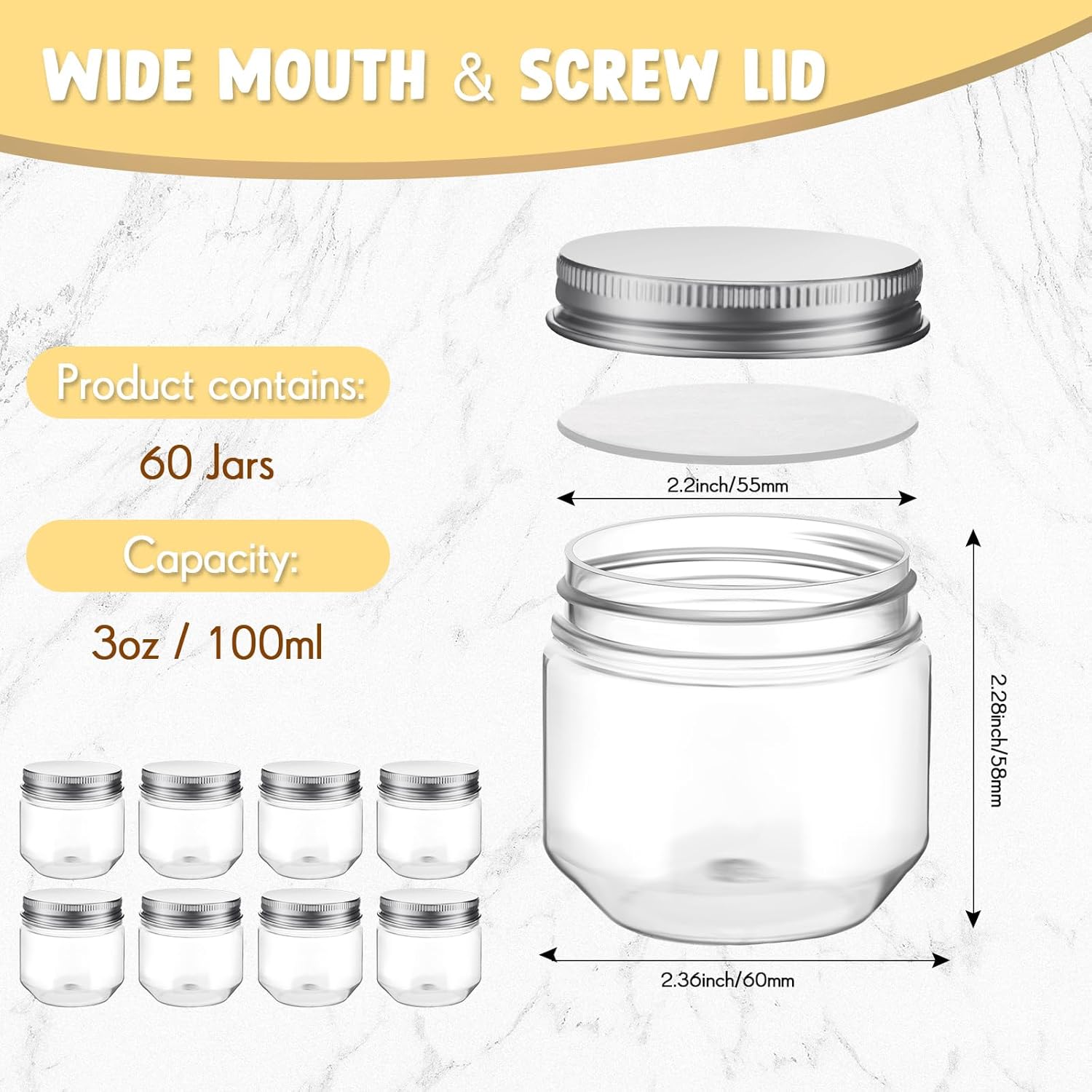 60pcs 3oz Clear Plastic Mason Jars with Lids