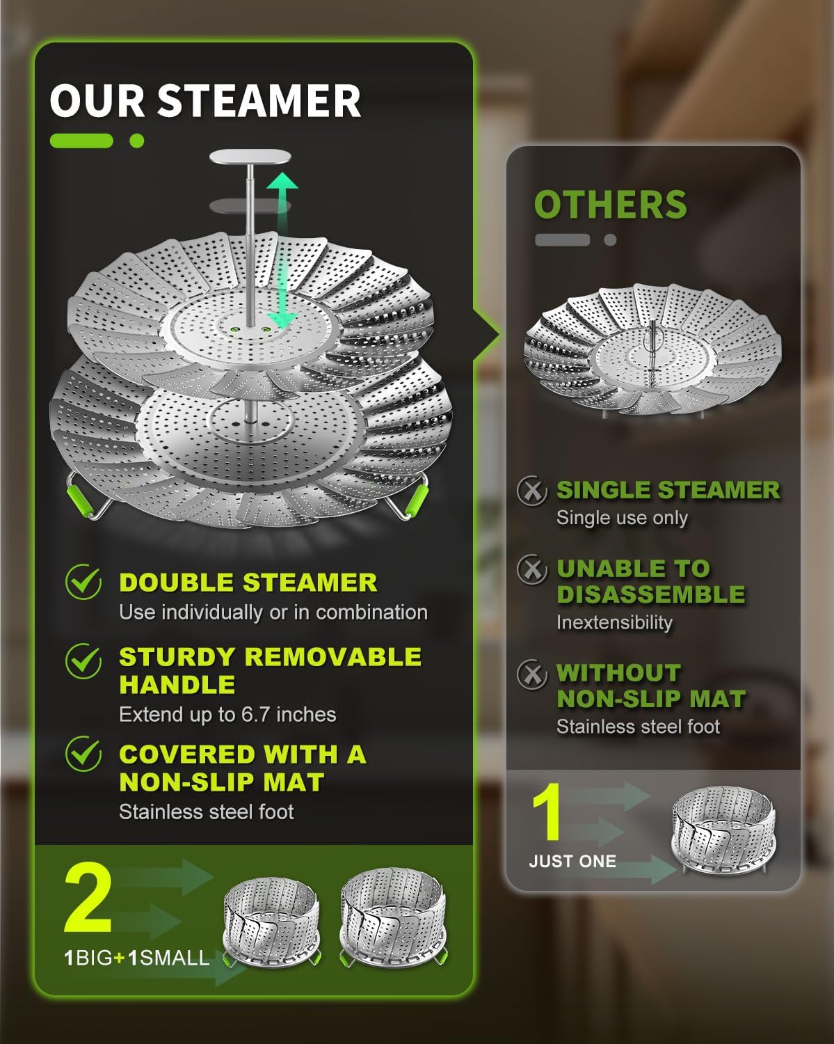 Double Layer Steamer Basket - Large Capacity 2-in-1 Stainless Steel Steamer Insert