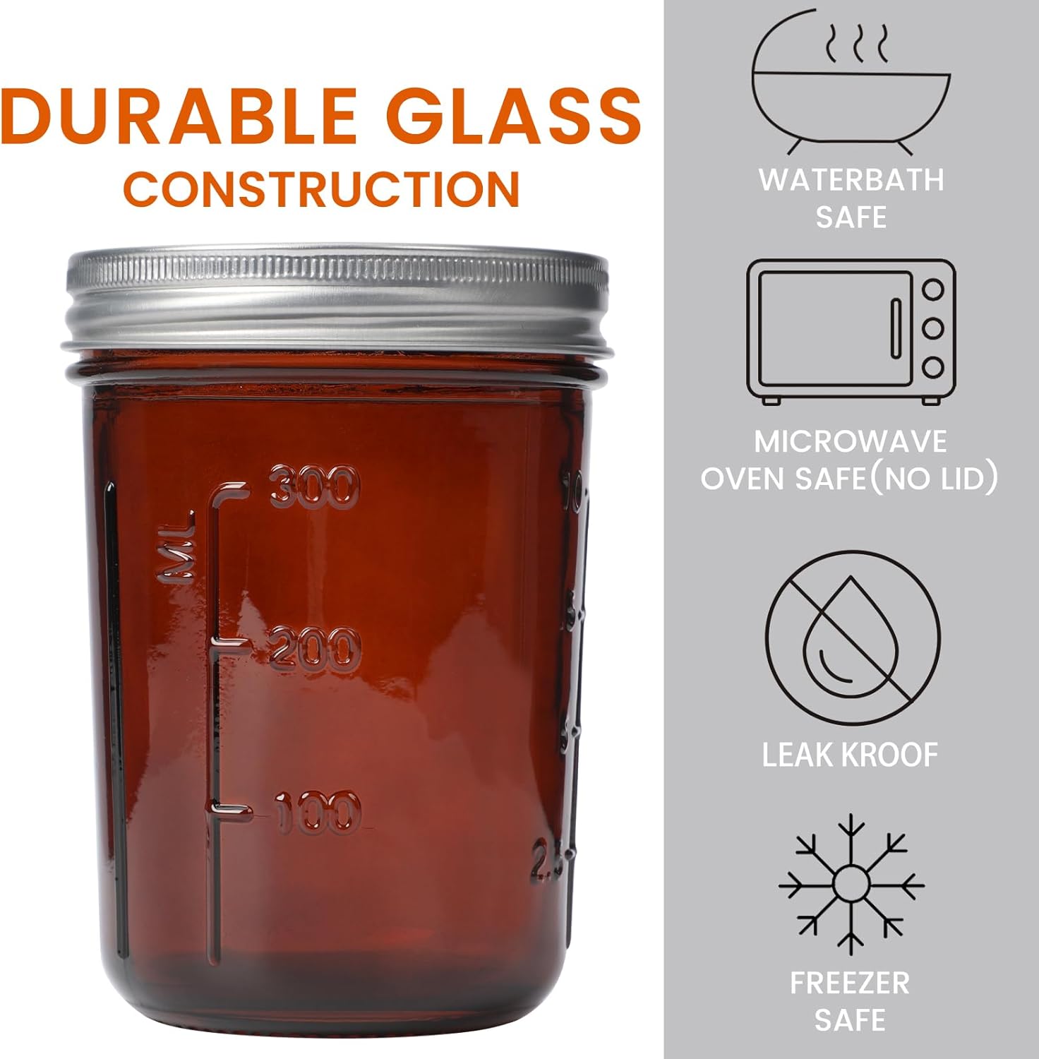 KORCCI Amber Glass Mason Jars 16oz - Set of 6 for Canning Fermenting