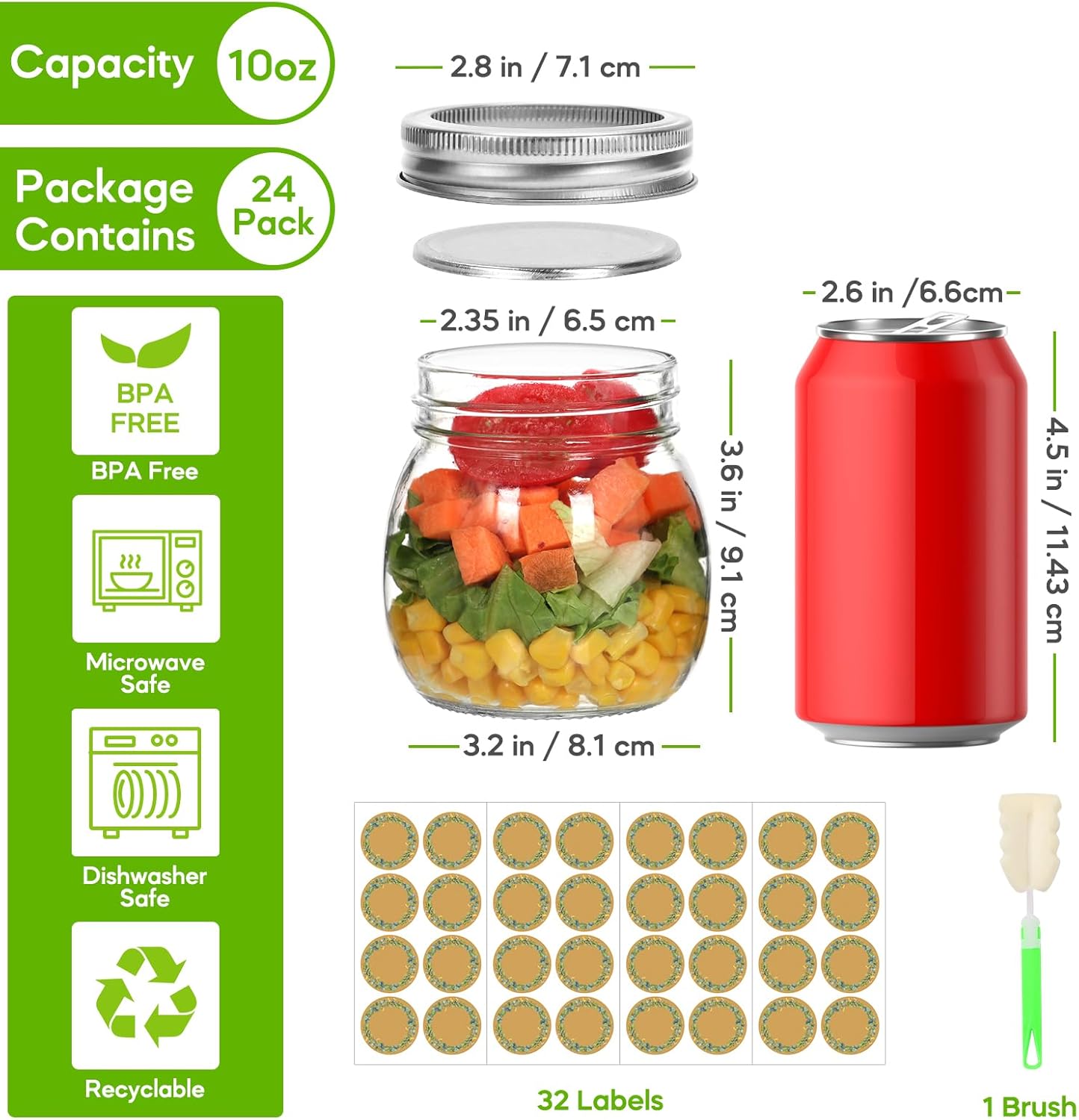 EkkoVla 10 oz Mason Jar with Regular Lid 24 Pack