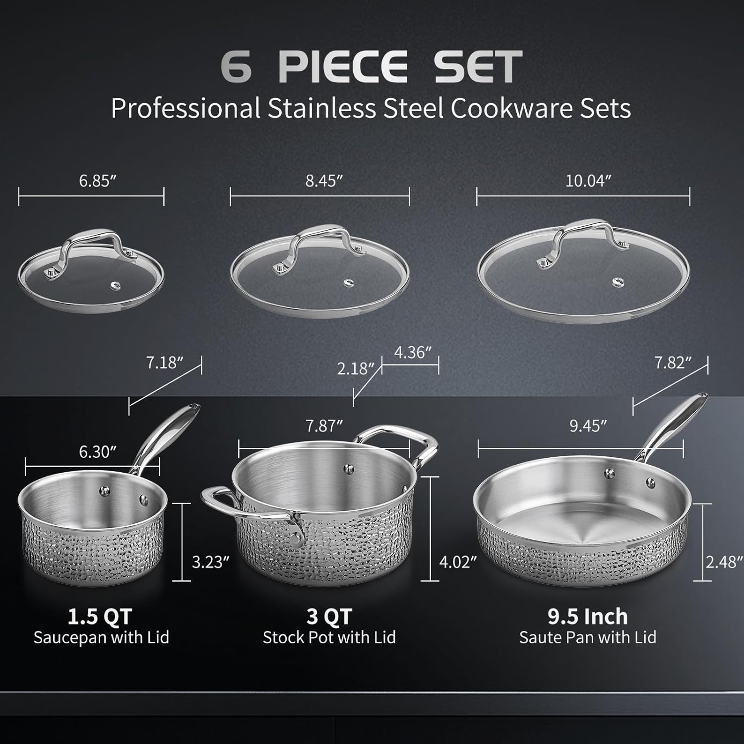 Aufranc 6-Piece Stainless Steel Pots Set with Glass Lid
