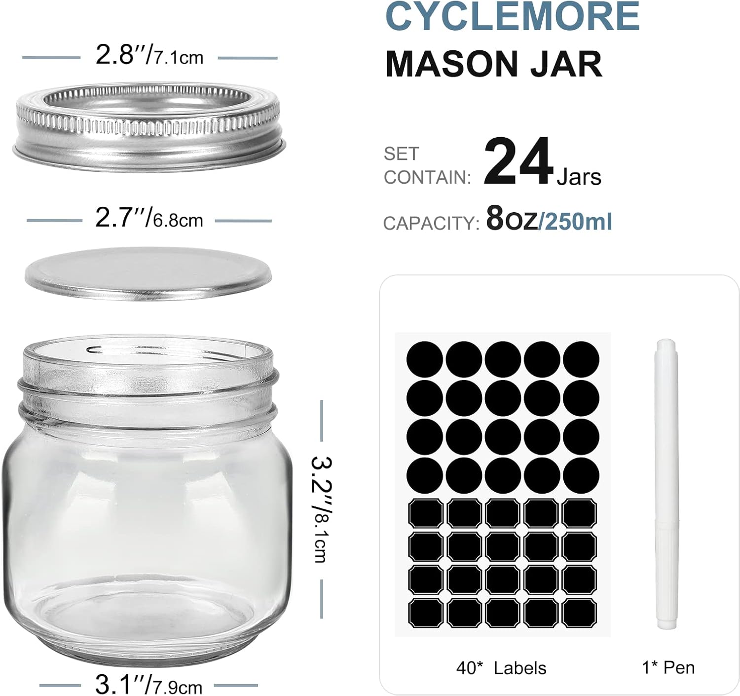 CycleMore 24 Pcs 8oz Clear Glass Mason Jars with Silver Lids