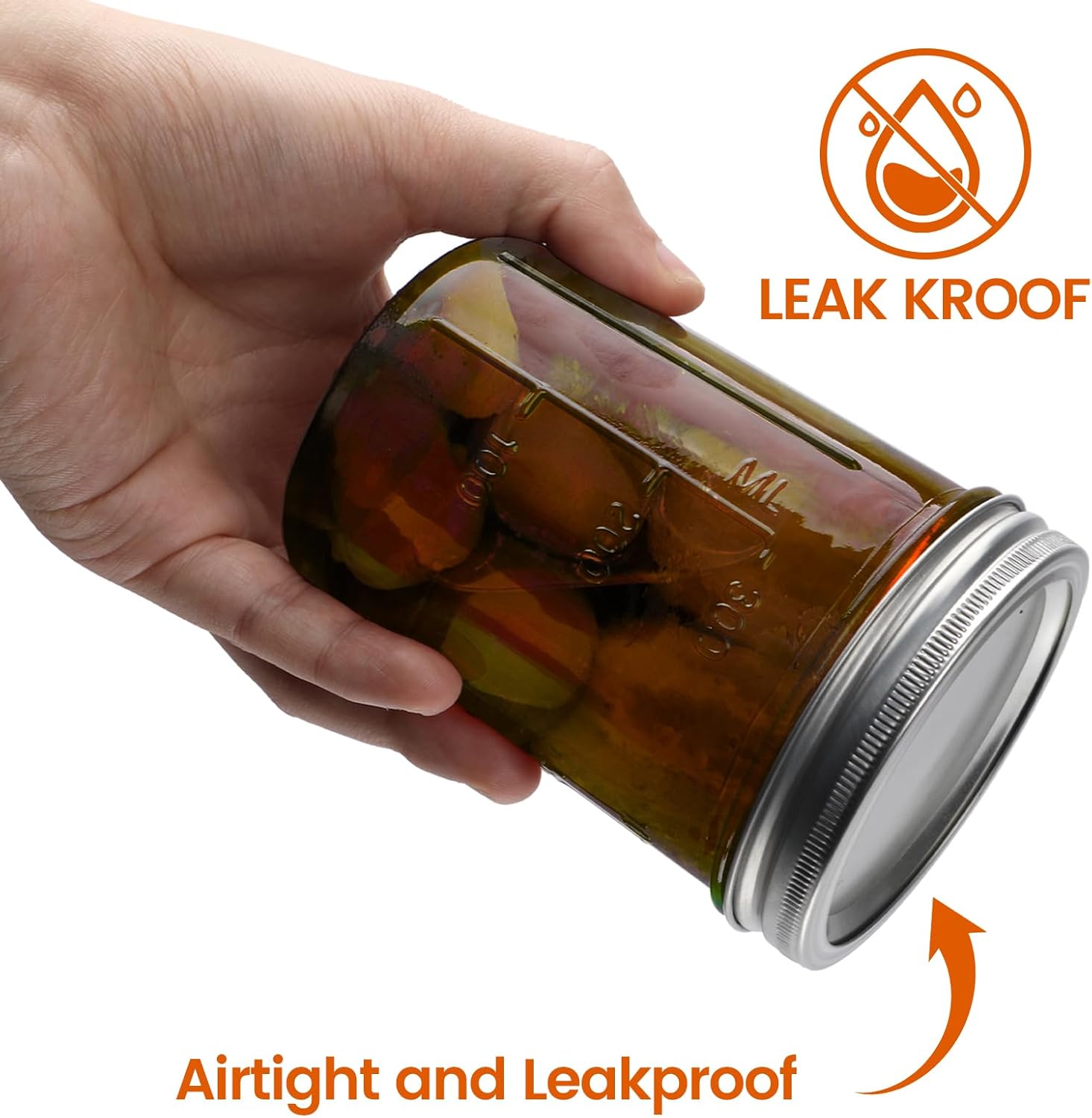 KORCCI Amber Glass Mason Jars 16oz - Set of 6 for Canning Fermenting