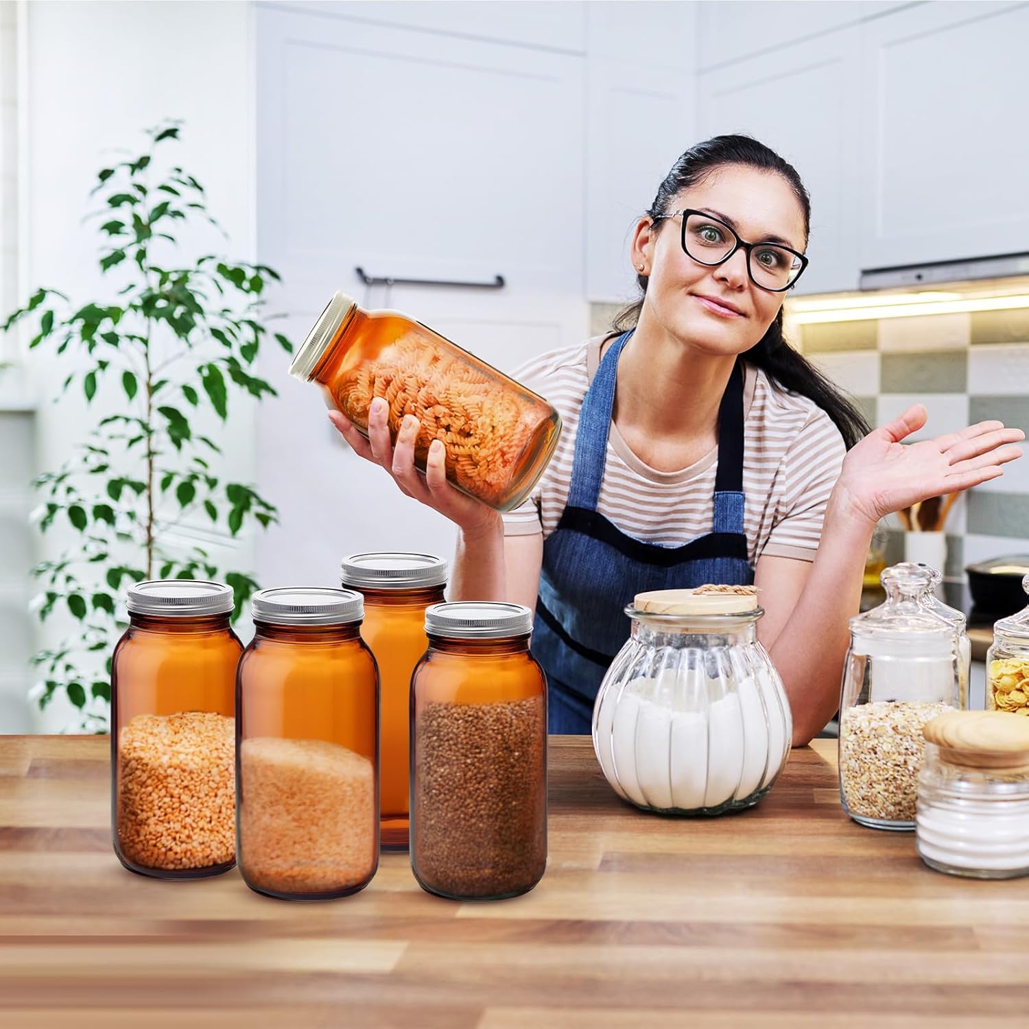 Norme 6 Piece Amber Glass Mason Jars with Airtight Lids
