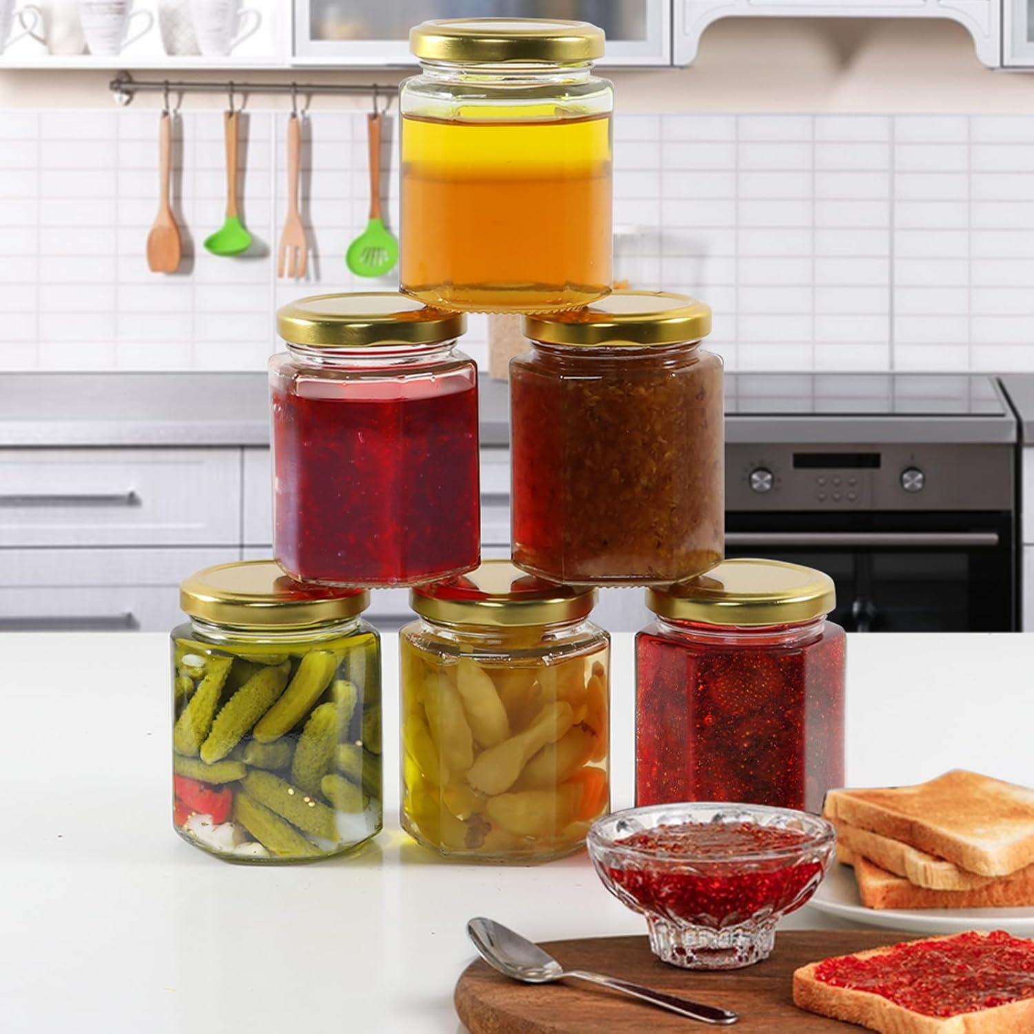 BIGIVACA 30 Pack 6 oz Hexagon Glass Jars with Gold Lids