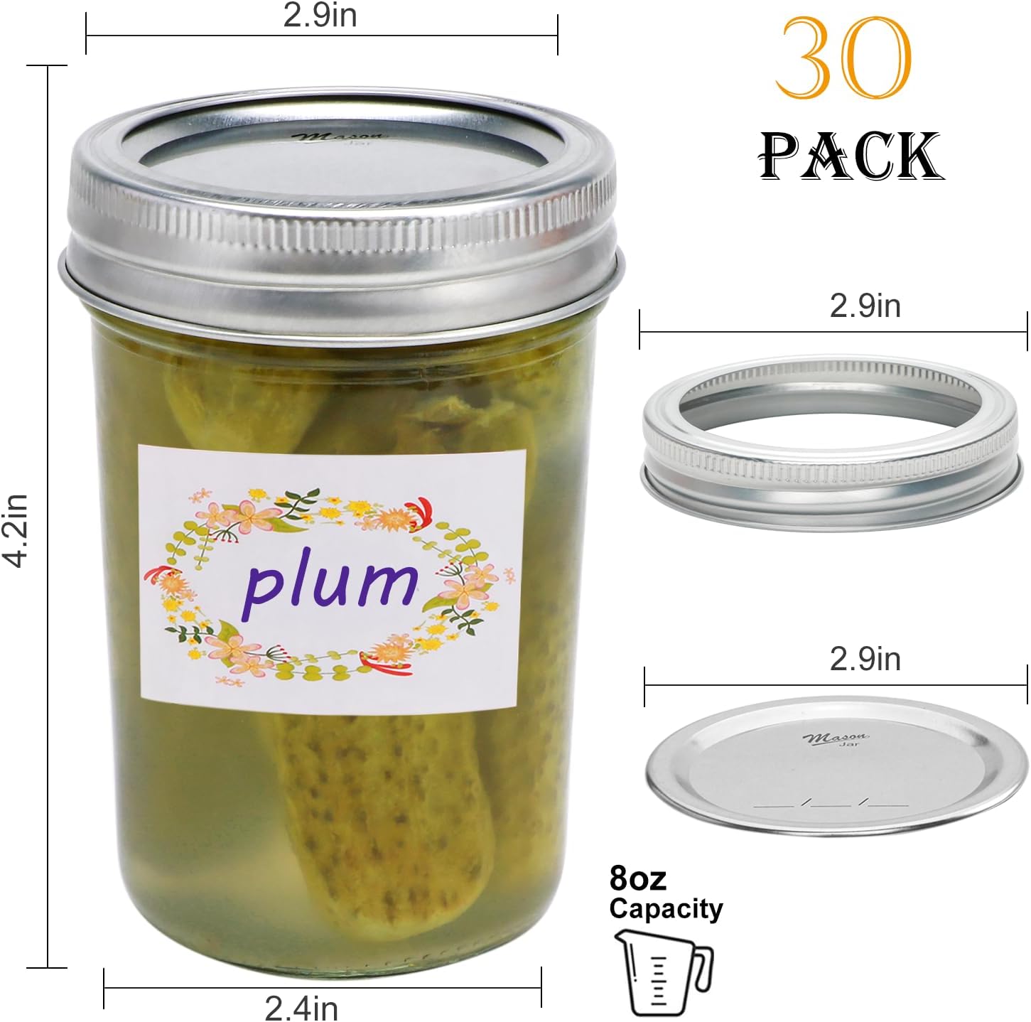 Woaiwoq 8 oz Mason Jars 30 Pack with Airtight Lids