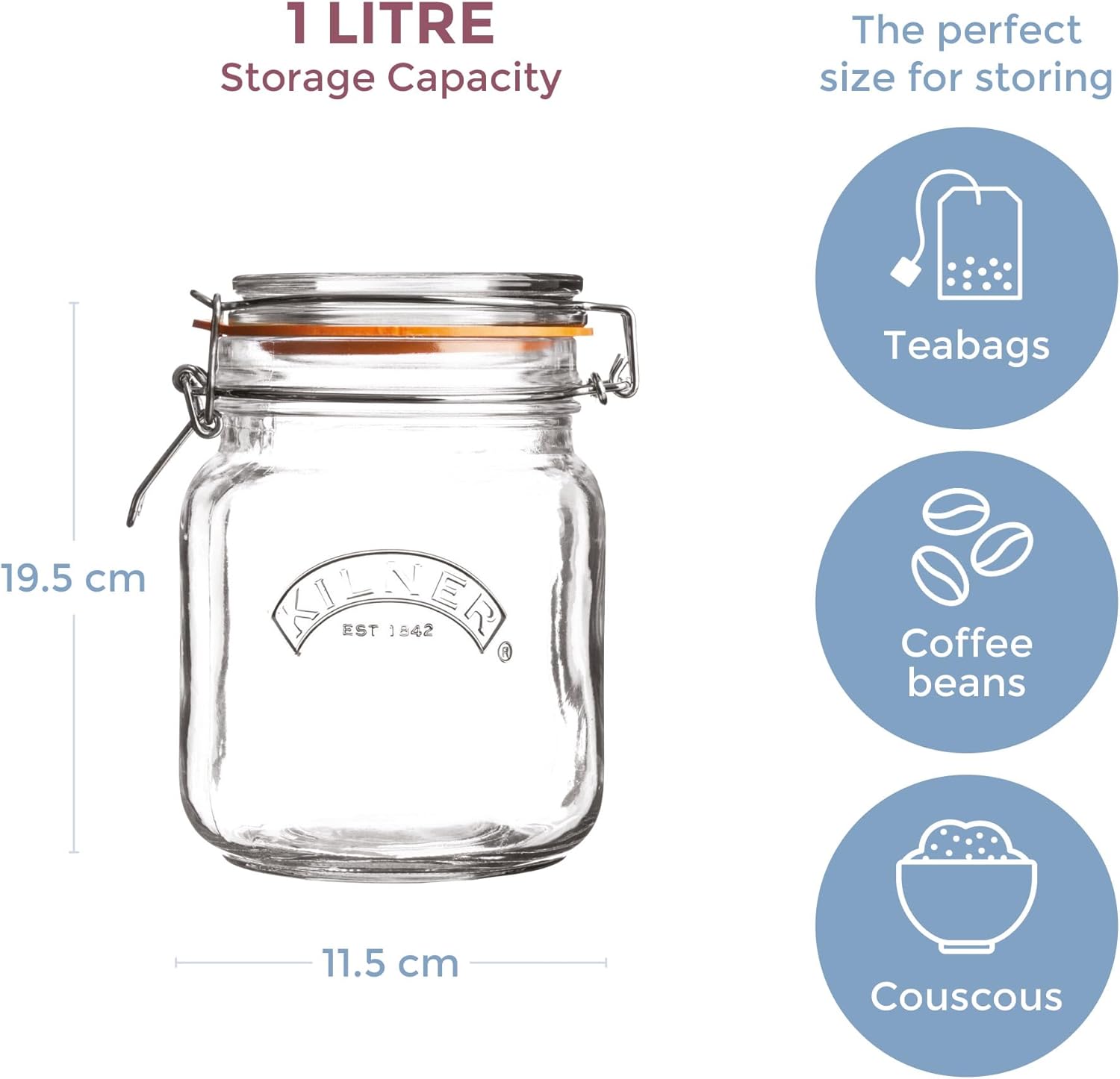 Kilner 1L Glass Preserver Space-Saving Jarnon-reactive food container