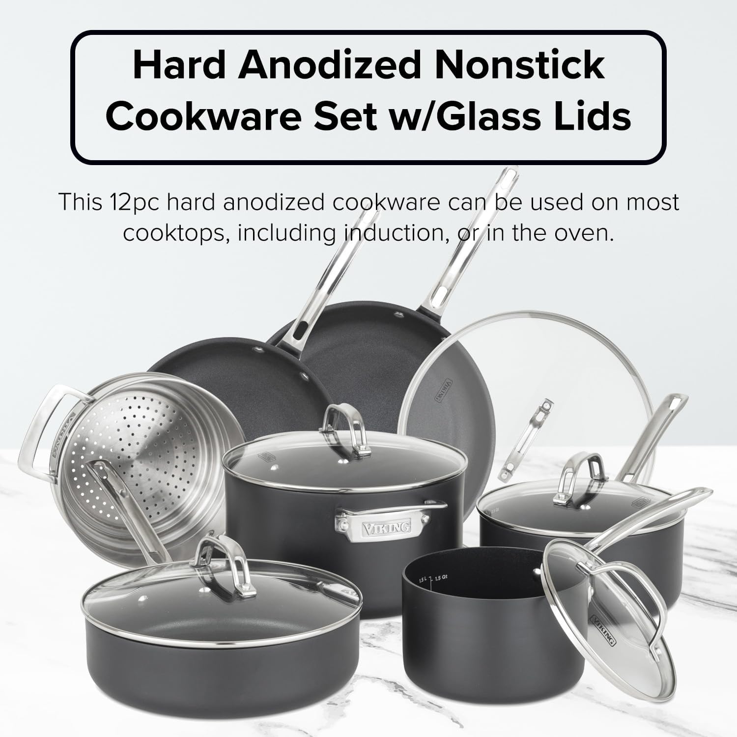 ElevateYourKitchenCookwareSet - 12-Piece Viking Pots Pans with Glass Lids Black