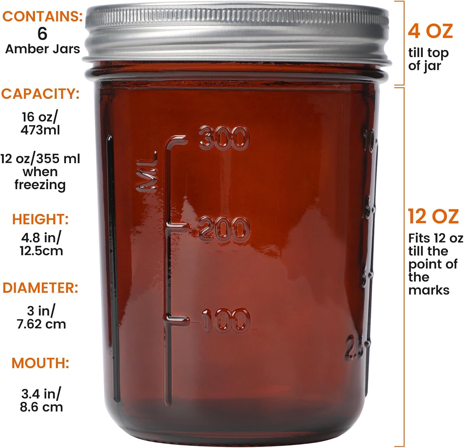 KORCCI Amber Glass Mason Jars 16oz - Set of 6 for Canning Fermenting