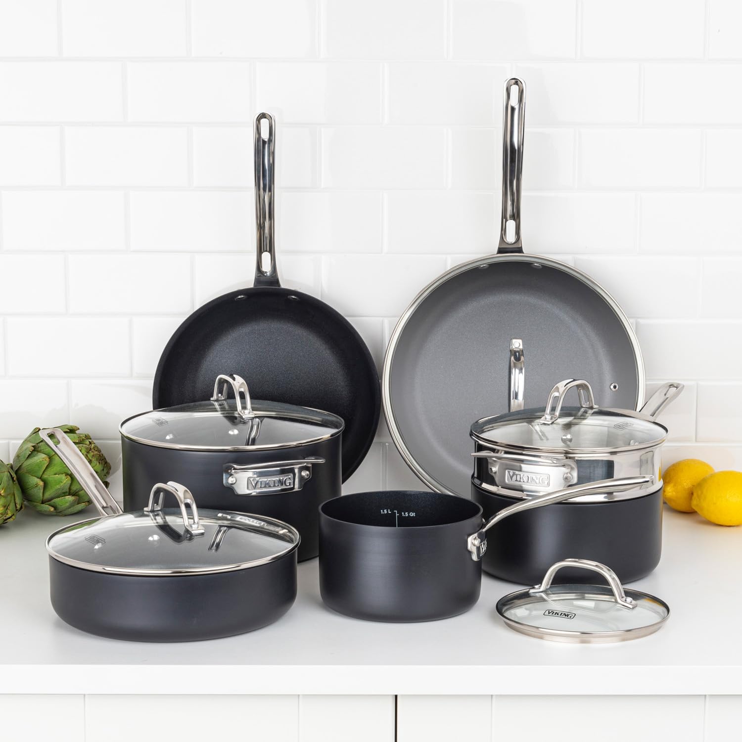 ElevateYourKitchenCookwareSet - 12-Piece Viking Pots Pans with Glass Lids Black