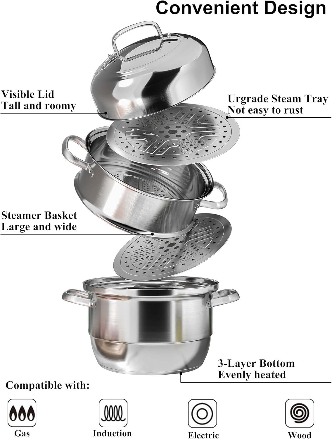 VENTION 34cm 3 Tier Steamer Pot for Dumplings and Buns