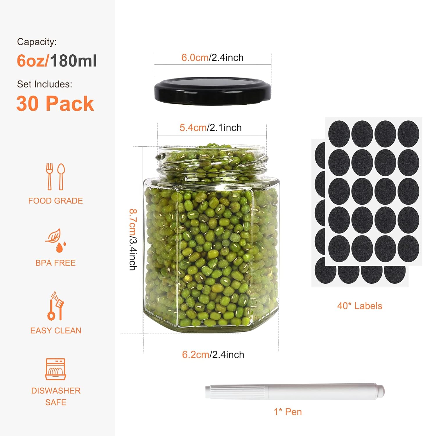 Betrome 6oz Glass Jars with Black Lids for Canning Gift Giving