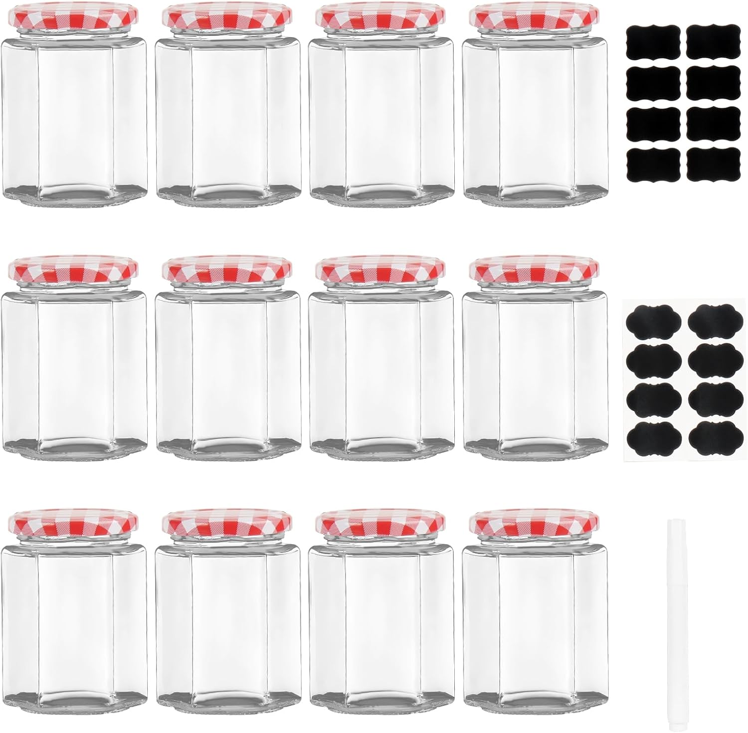 Hovico 280ml Hexagonal Glass Jars with Screw Top Lids 12 Pack