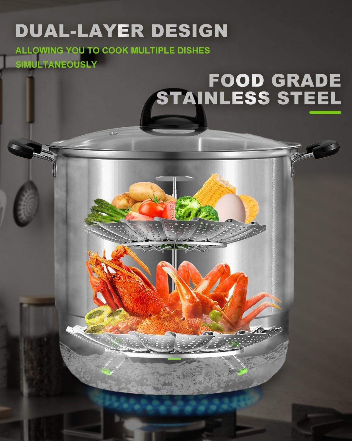 Double Layer Steamer Basket - Large Capacity 2-in-1 Stainless Steel Steamer Insert
