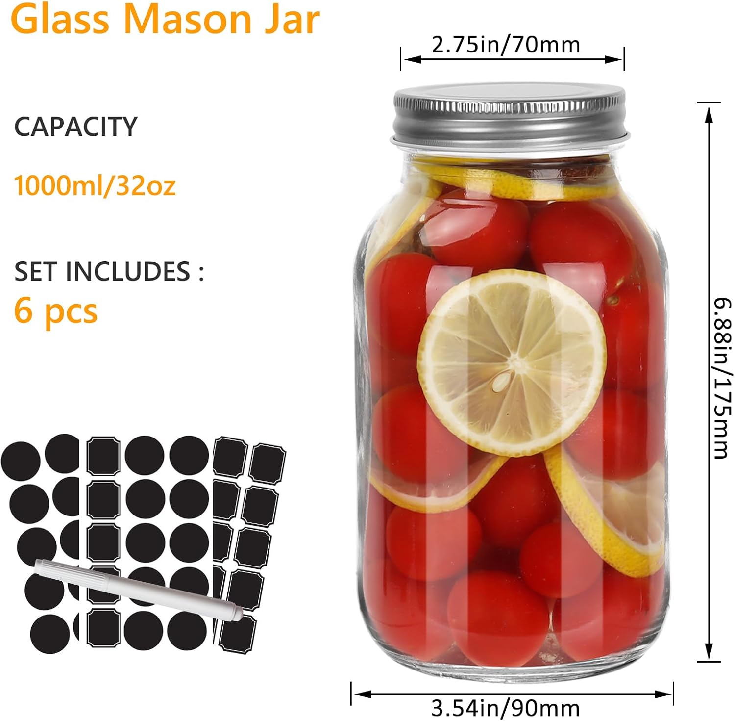 Keketin 32 oz Mason Jars with Airtight Lids 6 Pack