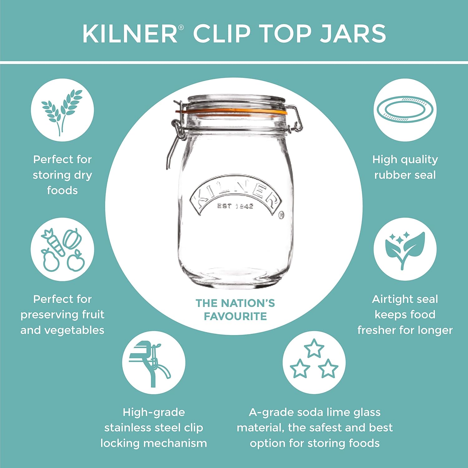 Kilner 1L Glass Preserver Space-Saving Jarnon-reactive food container