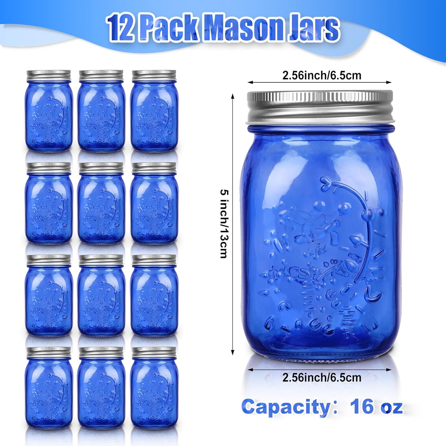 12-Piece Mason Jars Set 16 Oz with lids Dark Blue