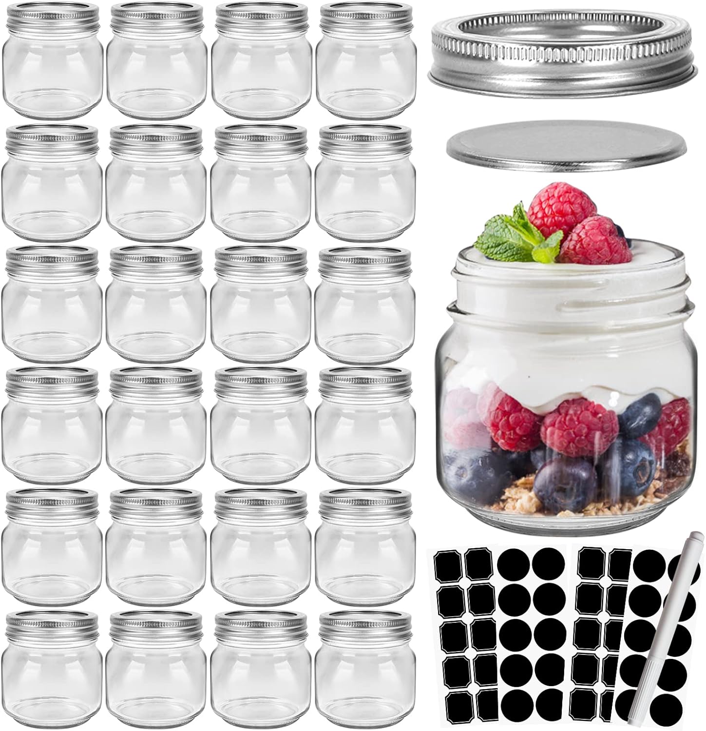 CycleMore 24 Pcs 8oz Clear Glass Mason Jars with Silver Lids