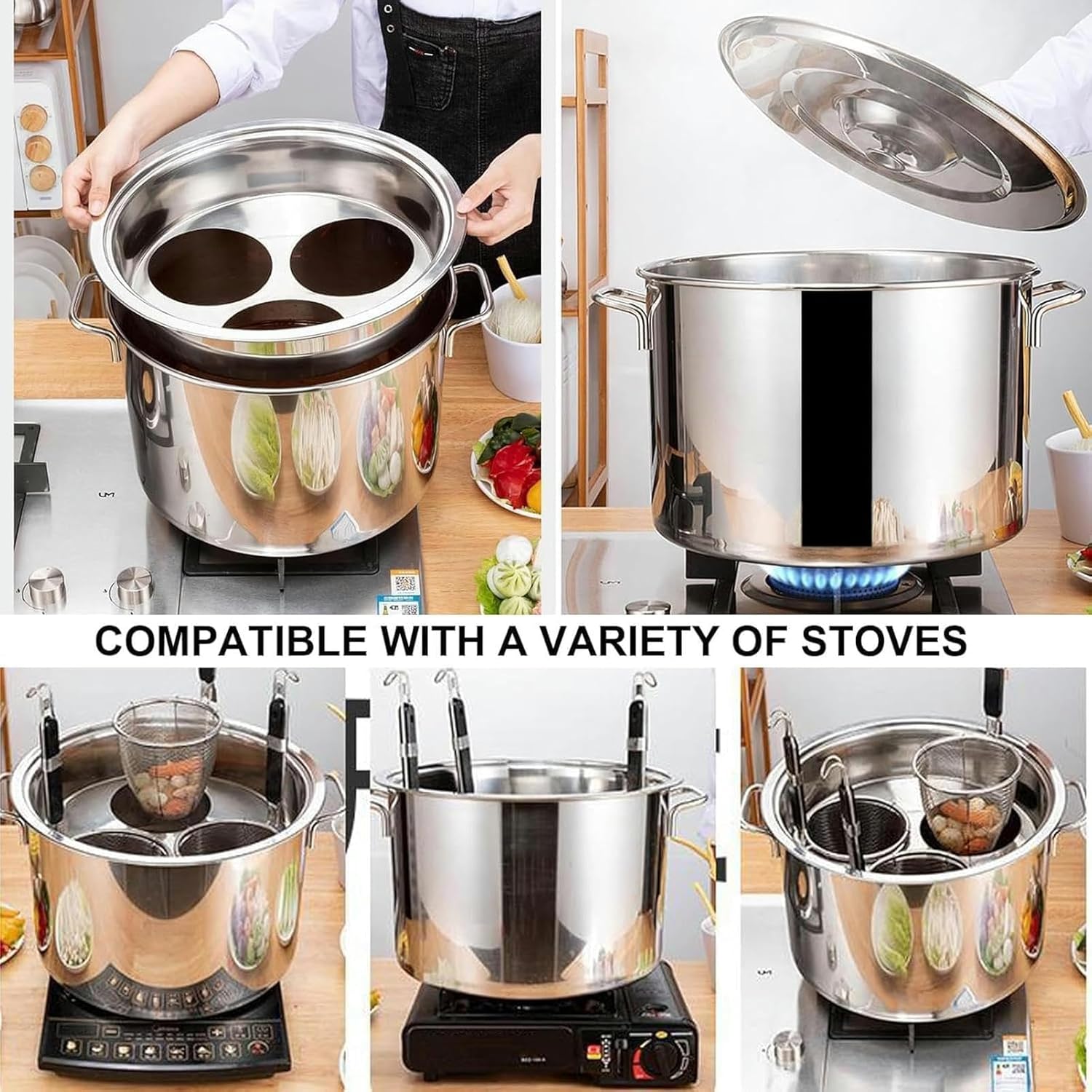 UNbitStainless Steel Pasta Pot 5 Holes with Strainer Basket for Home Kitchen