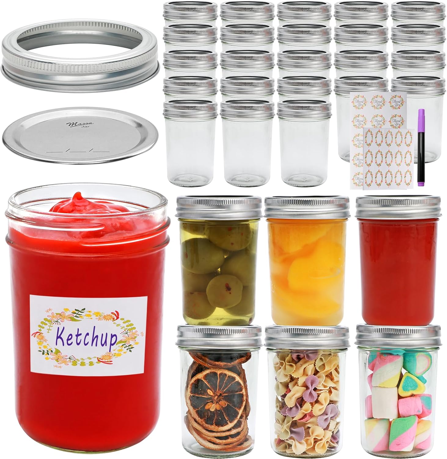 Woaiwoq 8 oz Mason Jars 30 Pack with Airtight Lids