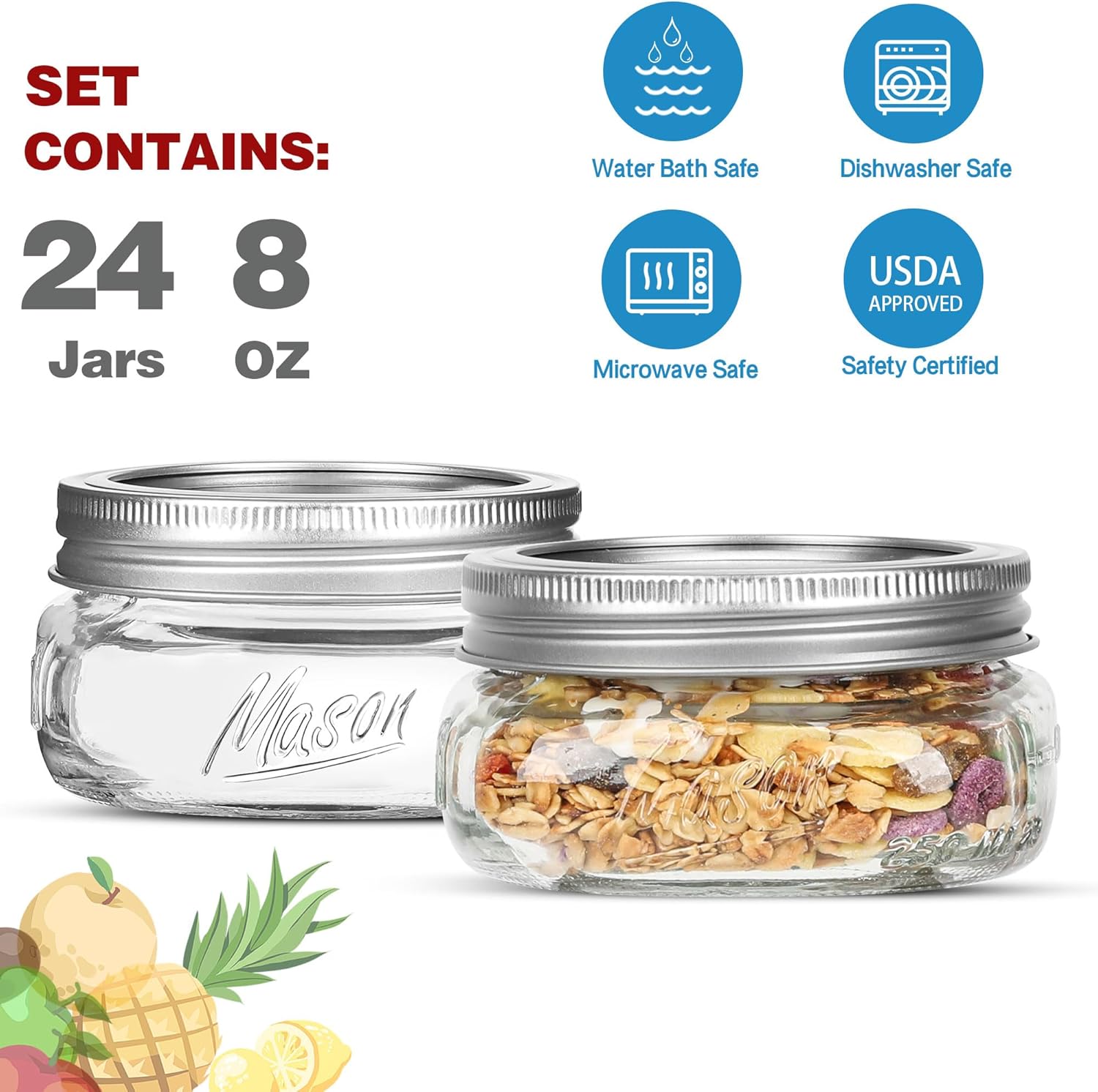 24Pack Mason Jars 8oz - Wide Mouth Mason Jars