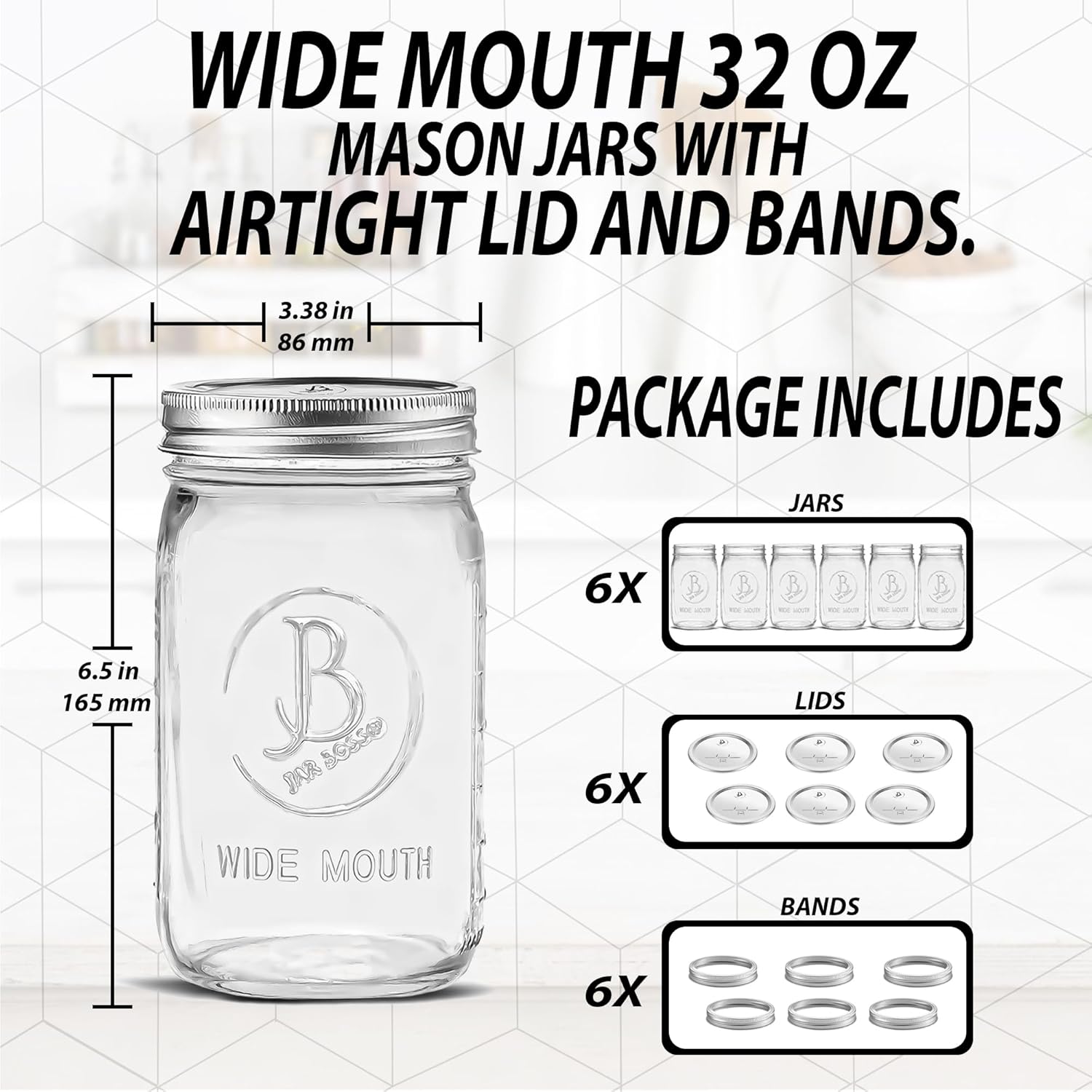 Jarboss wide mouth mason jars 32 oz 6 pack clear glass quart jars