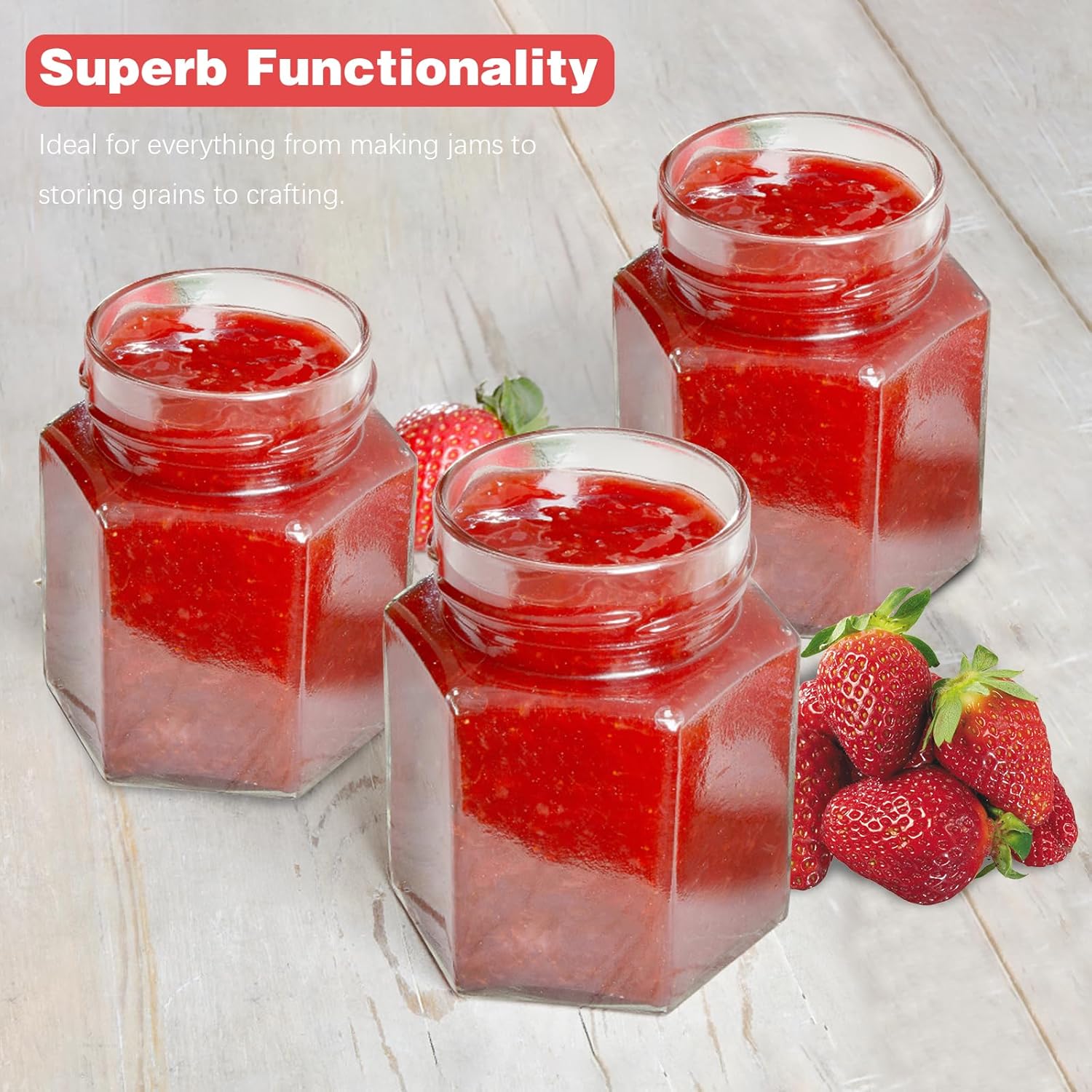 Hovico 280ml Hexagonal Glass Jars with Screw Top Lids 12 Pack
